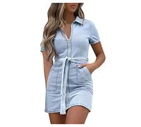 QWUVEDS Vestido azul con mangas Jean casual vaquero corto con cuello en V cremallera para mujeres Fau Plus vestido de mujer vestido a cuadros damas, azul claro, M