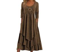 QWUVEDS Vestido casual y suelto para mujer, vestido de manga larga para mujer, vestido informal con cuello redondo, vestidos sueltos y fluidos de una línea para mujer, vestidos maxi para mujer, marrón