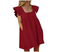 QWUVEDS Vestido de manga larga para mujer, vestido de verano elegante con cuello cuadrado con bolsillo amortiguadores de manga corta vestido midi vestido envolvente, rojo, S