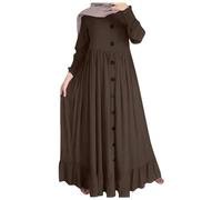 QWUVEDS Vestido maxi casual musulmán de algodón y lino, estilo retro, vestido de gran tamaño con cuello redondo, dobladillo fruncido, tallas grandes, vestido de verano para mujer, café, XXL