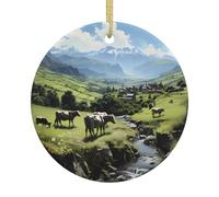 QWVBN Adorno colgante redondo de cerámica con diseño de vacas alpinas, decoración festiva, adecuado como regalo para amigos, hermanas, etc.