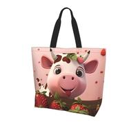 Qwvbn Bolsa de compras con estampado de vacas y fresas para mujer, diseño espacioso y elegante, perfecto para viajes diarios y compras.