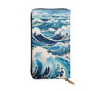 Qwvbn Ukiyo-e - Cartera larga de piel con estampado de ondas para guardar cheques en efectivo y teléfonos móviles, adecuada tanto para hombres como para mujeres.