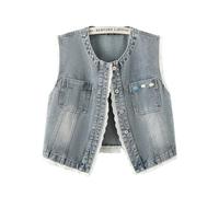 QWWQYDY Chaleco Vaquero Mujer Light Blue Thin Slim Short Denim Vest Vintage Lace Patchwork Sleeveless Jeans Coat Round Neck Single-Breasted Cowboy Waistcoat(XL)