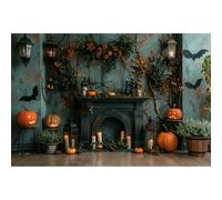 QXDZSW - Fondo de puerta de madera con diseño de casa embrujada, Halloween, calabaza, hoja de arce, decoración de niños, retrato, estudio
