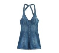 QXDZSW - Mono corto para mujer, manga corta, estilo casual, vaquero, sin espalda, para mujer, ropa de calle informal, Como Cuadro, XS