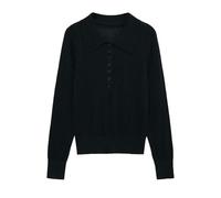 QXDZSW - Suéter de punto para mujer, con solapa, ajustado, manga larga, botonadura simple, color liso, para principios de otoño, Parte superior negra, L