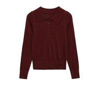 QXDZSW - Suéter de punto para mujer, con solapa, ajustado, manga larga, botonadura simple, color liso, para principios de otoño, Top borgoña, L