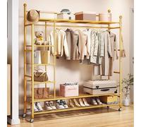 QXGJTLI Perchero de Metal con Ruedas, Perchero Dorado con 4 Ganchos, Perchero Resistente con 6 estantes de Almacenamiento, Soporte para Perchas con Zapatero, para Dormitorio, Sala de Estar innovar