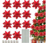 QXNDXQ 12PCS Flores Navidad Artificiales Brillo, Flores de Nochebuena Artificiales, Adornos Navidad Flores con Tallos y Clips, para Decoraciones de Navidad, Boda y Fiesta (Rojo)