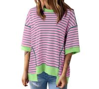 QXQLSH - Blusas y blusas para mujer, estilo casual, a rayas, retazos, manga corta, túnica de primavera, cuello redondo, camisetas holgadas para mujer, verde, XXL