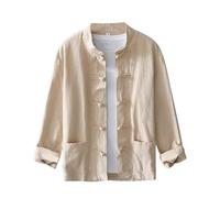 QXQLSH - Camisa de manga larga para hombre, de lino, con botones, sin cuello, ligera, transpirable, cómoda, estilo chino, caqui, L