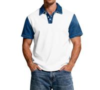 QXQLSH - Polo para hombre, estilo casual, vintage, vaquero, patchwork, manga corta, botones, solapa, verano, oficina, vacaciones, fin de semana, blanco, M