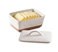 Qxtey Mantequera de cerámica, plato con tapa de cerámica, se adapta a 250 g, bloque de mantequilla, porcelana, barril de mantequilla de cerámica, estilo vintage, europeo, con tapa y caja de