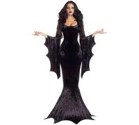 QXWD - Disfraz de bruja largo para Halloween, vestido oscuro, manga murciélago, para adultos