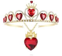 QXWD - Juego de collar de corazón rojo, tiara, corona de corazón rojo, disfraz de reina de corazones para niñas, adolescentes, Halloween, talla única, Metales preciosos, Perla