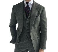 QXWD Traje de Negocios 3 Piezas para Hombre, de Lana Verde, con Estampado Retro de Espiga, para Novio, Esmoquin de Tweed para Boda (Chaqueta, pantalón y Chaleco)