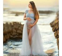 QXWD - Vestidos de maternidad para embarazo, body de encaje de tul, abertura lateral larga con vestido volador, traje para sesión de fotos para mujer embarazada, azul celeste, Altoa única