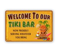 QYAYIK Tiki Bar Decor - Letrero de pared retro al aire libre para el hogar, bar, cafetería, pub, cocina, restaurantes, 8 x 12 pulgadas, letrero de metal - Bienvenido a nuestro bar Tiki