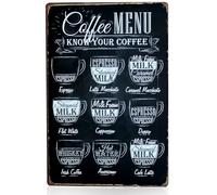 QYEHF Carteles de hojalata de café, Menú de Café Carteles de Chapa de Metal Tipos Vintage de Cartel de Café Arte Decoración,para Cafetería Póster,Pub,Home,Decoración del Club,20x30CM