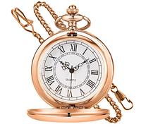 QYEURFOF Relojes de Bolsillo, Reloj de Bolsillo clásico Acero Liso con Cadena y números Romanos for Hombre Mujer, Colgante, Regalo cumpleaños for el Día del Padre(Rose Gold)