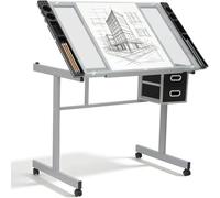 QYMLSH Mesa De Dibujo con Tablero De Cristal Ajustable; Escritorio De Oficina con Cajones Extraíbles, Ruedas Y Espacio De Almacenamiento | Ideal para Leer, Dibujar Y Escribir