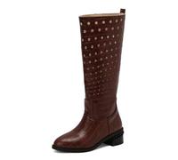 Qynthra Botas hasta La Rodilla Mujer Cuero Grabado Cocodrilo Detalles Tachuelas Metal Tacón Bajo Bloque Montar Exterior Casual Duradero,Burgundy,36 EU
