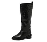 Qynthra Botas hasta La Rodilla Mujer Cuero Grabado Cocodrilo Detalles Tachuelas Metal Tacón Bajo Bloque Montar Exterior Casual Duradero,Negro,45 EU