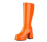 Qynthra Botas Plataforma Mujeres Retro Piel Charol Rodilla Tacón Bloque Cierre Lateral Go Go Estilo Escenario Performance Noches Fiesta,Naranja,42 EU