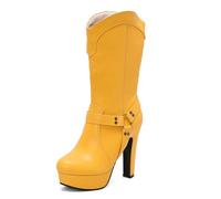 Qynthra Botas Punk de Media Pantorrilla con Plataforma Tacón de Bloque Grueso Arnés con Tachuelas Botas de Moda de Declaración Tacones de Vestir Noche de Concierto,Amarillo,37 EU