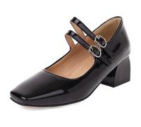 Qynthra Court Zapatos Mujer Punta Cuadrada Tacón Grueso Piel Charol Correa Hebilla Tacones Mary Jane Elegantes Pumps De Vestir para Fiesta De Boda Y Eventos Formales,Negro,44 EU