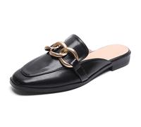 Qynthra Mocasines Mule de Punta Redonda para Mujer Cuero Brillante Detalle de Cadena Dorada Tacón Plano para Trabajo de Oficina Caminata Diaria Conjuntos Casuales,Negro,38 EU