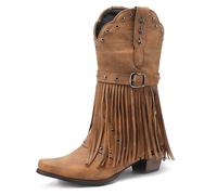 Qynthra Mujeres Botas Tachuelas Occidental Vaqueras Marrón con Flecos Detalle Estrella Correa Hebilla Tacón Bloque Mid Calf para Festivales Música,Marrón,38 EU