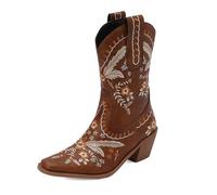 Qynthra Mujeres Botas Vaqueras Estilo Occidental Cuero Bordado Floral Mid Calf Costuras Bronce Tacón Madera para Eventos Rodeo,Marrón,41 EU