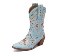 Qynthra Mujeres Botas Vaqueras Estilo Occidental Cuero Bordado Floral Mid Calf Costuras Bronce Tacón Madera para Eventos Rodeo,Azul,39 EU
