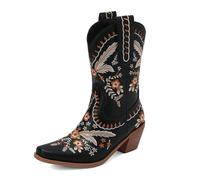 Qynthra Mujeres Botas Vaqueras Estilo Occidental Cuero Bordado Floral Mid Calf Costuras Bronce Tacón Madera para Eventos Rodeo,Negro,43 EU