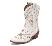 Qynthra Mujeres Botas Vaqueras Estilo Occidental Cuero Bordado Floral Mid Calf Costuras Bronce Tacón Madera para Eventos Rodeo,Blanca,42 EU