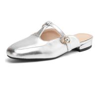Qynthra Mulas Planas Mujer Punta Cerrada Correa En T Slip On Zapatos Sin Talón Punta Cuadrada Sandalias Casuales para Uso Diario De Verano Y Comodidad Al Caminar,Plata,40 EU