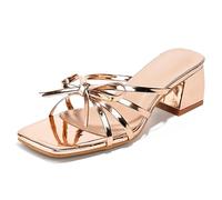 Qynthra Mulas Tacón Bloque Mujer Sandalias Punta Abierta Cuadrada Tiras Finas Lazo Moño De Meter Cómodas Caminata Todo El Día Zapatos,Oro,40 EU