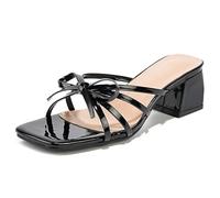 Qynthra Mulas Tacón Bloque Mujer Sandalias Punta Abierta Cuadrada Tiras Finas Lazo Moño De Meter Cómodas Caminata Todo El Día Zapatos,Negro,40 EU