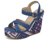 Qynthra Sandalias de Cuña Mujer Plataforma Gruesa Tela Artística Banda Única Punta Abierta Cuñas de Vestir Urbano Bohémio para Caminar por la Ciudad y Ocasiones Creativas,Azul,46 EU