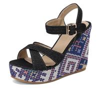 Qynthra Sandalias de Cuña Mujer Plataforma Gruesa Tela Artística Banda Única Punta Abierta Cuñas de Vestir Urbano Bohémio para Caminar por la Ciudad y Ocasiones Creativas,Negro,39 EU