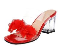Qynthra Sandalias de Deslizar Punta Abierta Mujer Seda Floral Adornada Mules Tacón de Bloque Cómodo Tacones de Verano para Trabajo de Oficina y a Diario,Rojo,37 EU