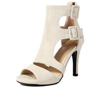Qynthra Sandalias De Tacón Alto De Fiesta Mujer Gladiador Recortadas Punta Abierta Hebilla Correa Ante Pumps para Evento Nocturno Y Ropa De Club Tacón De Cono Elevado,Beige 9cm,36 EU