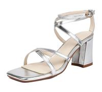 Qynthra Sandalias De Tiras Metalizadas Mujer Punta Cuadrada Tacón De Bloque Zapatos De Vestir con Tiras Cruzadas y Hebilla Al Tobillo para Vacaciones Resort y Eventos De Verano