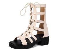 Qynthra Sandalias Gladiador Media Pantorrilla Mujer Atado con Cordones Tacón Grueso Tachonado Botitas de Combate con Plataforma Punta Abierta Caminata Urbana y Salida Nocturna,Beige,39 EU