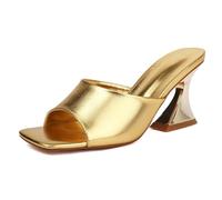 Qynthra Sandalias Mujer Tacón Ancho de Cristal Grueso Punta Cuadrada Una Tira Slide Mules Tacones de Vestir de Moda para Cóctel y Salida Nocturna,Oro,43 EU