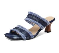 Qynthra Sandalias Mule de Denim con Flecos Mujer Tacón Gatito Punta Abierta Slides de Verano para Viajes de Vacaciones y Estilismo Bohémio,Dark Blue,46 EU