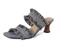 Qynthra Sandalias Mule de Denim con Flecos Mujer Tacón Gatito Punta Abierta Slides de Verano para Viajes de Vacaciones y Estilismo Bohémio,Gris,42 EU