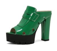 Qynthra Sandalias Mules de Plataforma Mujer Tacón de Bloque Grueso Charol Punta Peep Toe Tacón Alto Zapatos de Vestir Slip On Ajuste Ancho Sandalias de Verano para Uso Urbano,Verde,38 EU